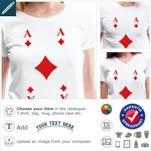 Ace of diamonds t-shirt. AS of diamonds, card design and 4 corner poker.