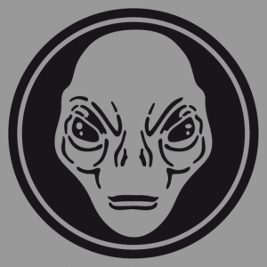 Stylish Alien design to print on a light background, alien face cut in the center of a dark circle with a simple border.