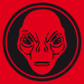 Stylized classic alien head cut into a round shape surrounded by a thick circle. Print your t-shirt online.
