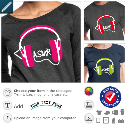 ASMR t-shirt. ASMR, customizable design with headphones and wire that forms the acronym asmr in handwritten letters.