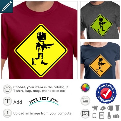Zombie road sign t-shirt. warning zombie road sign to customize.