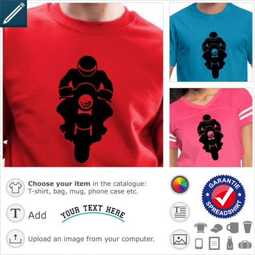 Biker t-shirt. Biker with a round helmet and a large motorcycle designed in a customizable format.