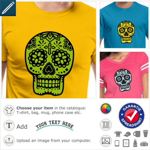 calavera skull t-shirt. Flowered Mexican skull, classic calavera design in 2 colours.