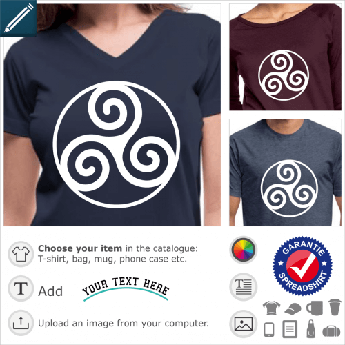 Celtic t-shirt. Celtic symbol with three spirals set in a thin circle.