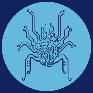 Spider printed circuit board, bionic geek design cut out on a round background.