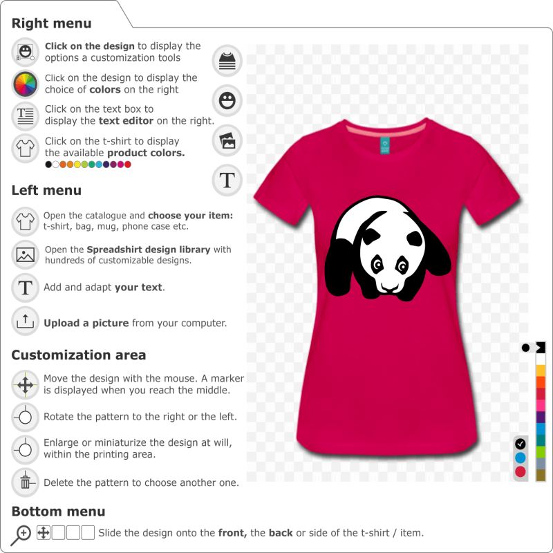 Panda baby design to customize. Panda baby on his belly, hind legs apart and facing forward. Create a unique panda t-shirt.