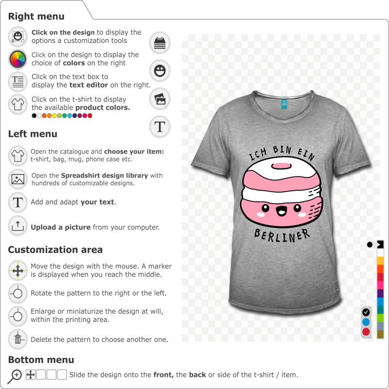 Kawaii donut and funny quote, humorous Ich bin ein Berliner t-shirt to customize online.