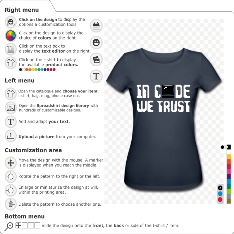 Customize a computer t-shirt or programmer mug with this pixel design. In Code We Trust with an O in the shape of a stylized computer.