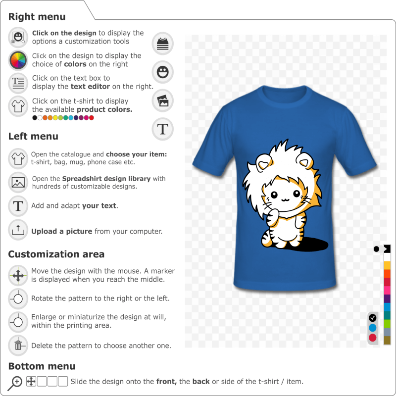 Kitten t-shirt disguised as a lion with a mane. Kawaii cat design in 3 colors to customize online.