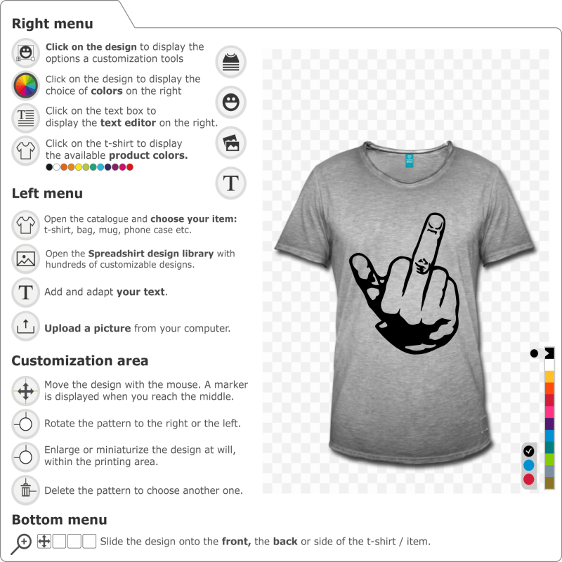 Male middle finger design to customize online. Modify the design and create an original fuck you t-shirt.