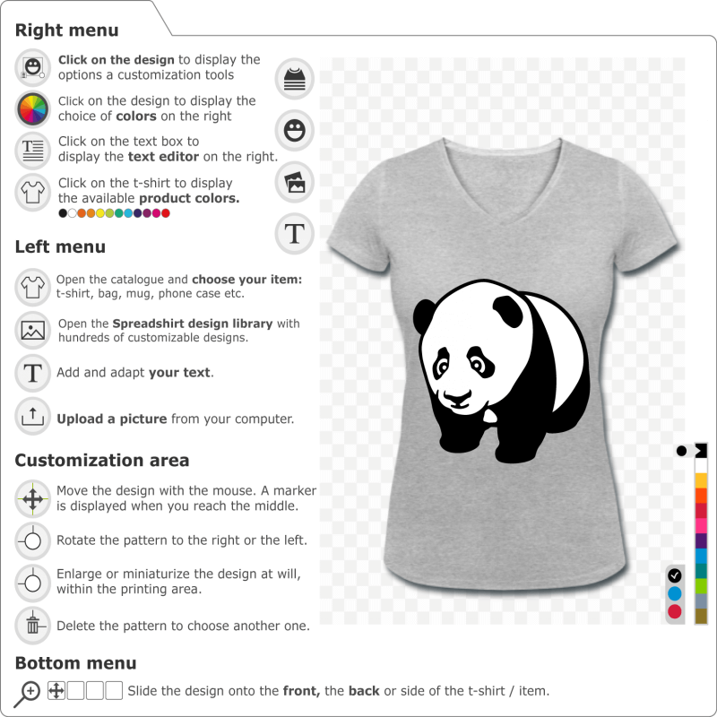 Panda baby on all fours, stylized and with rounded lines. Black and white design to customize in the Spreadshirt designer.