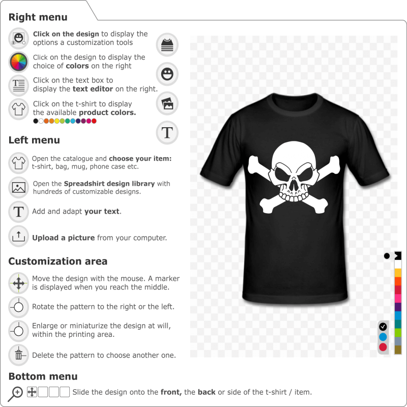 Pirate t-shirt to personalize yourself. Add text, choose the t-shirt model. White skull and crossbones. Pirate flag.