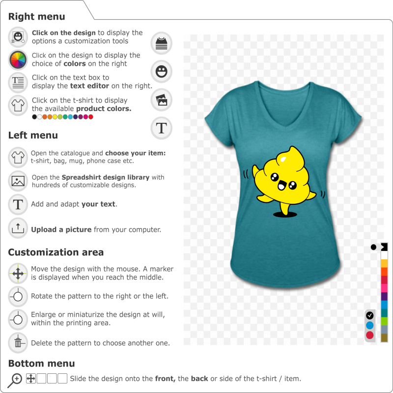 Emoji kawaii t-shirt, dancing poop, with a happy face. Create an original poop t-shirt.