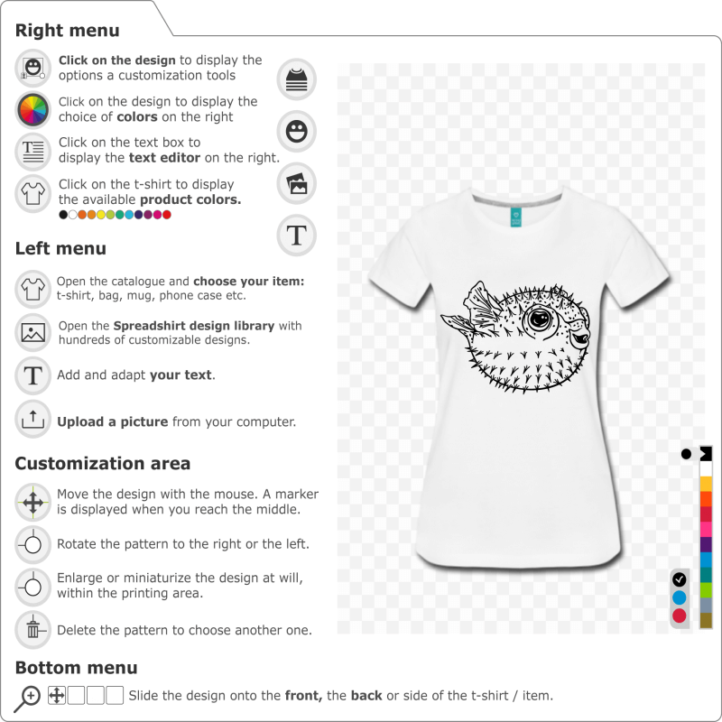 Fugu t-shirt to personalize online. Swollen globe fish spiked with peaks, drawn in 2 colors. Pufferfish.