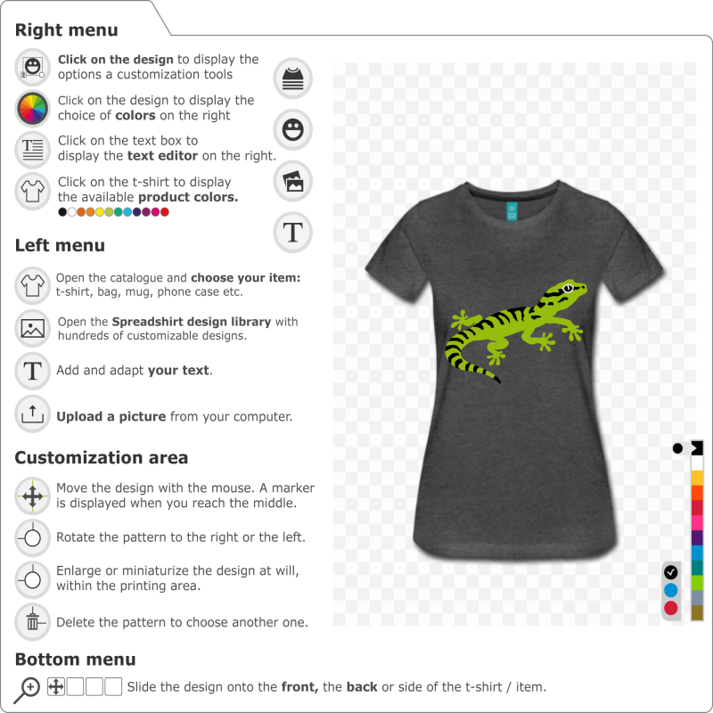 Small striped gecko drawn in profile in solid vectorial solid colors. Design 3 colors to customize and print on t-shirt, mug, accessory etc..