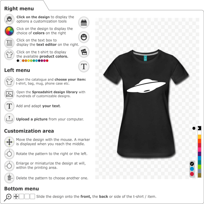 Customizable UFO. Simple stylized flying saucer in solid color and cuts to be printed on t-shirt.