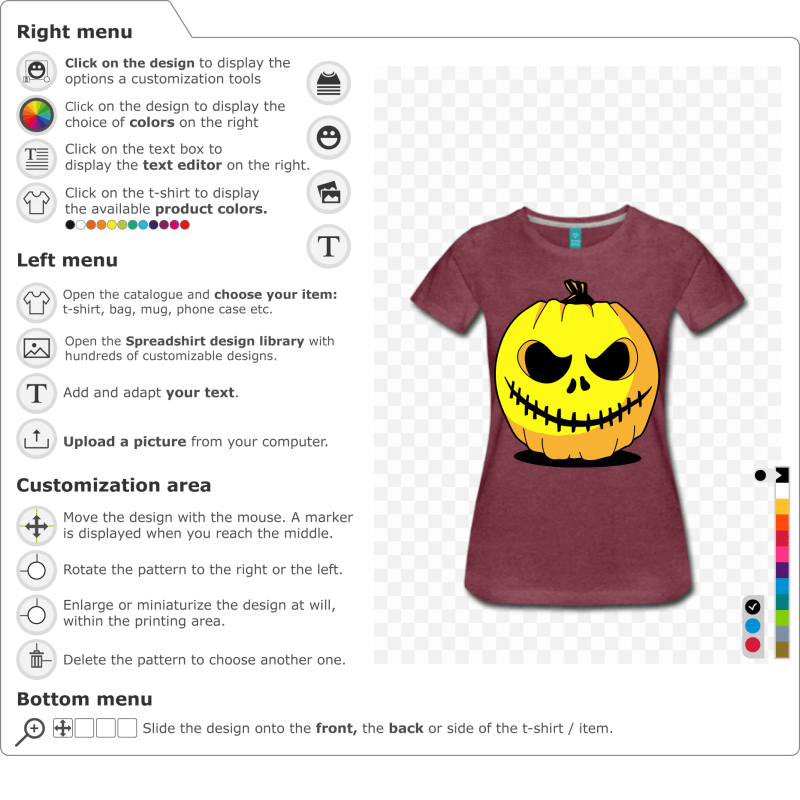 Customize the pumpkin and create your own original Halloween t-shirt. Pumpkin 3 colors to be printed online.