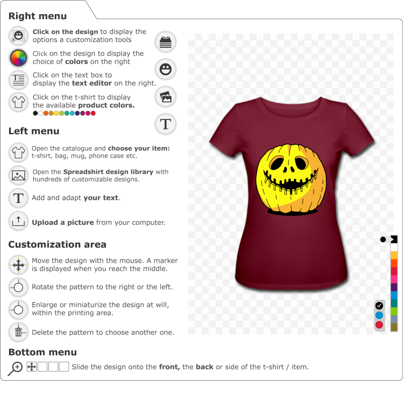 Personalize a Halloween t-shirt with this original and funny pumpkin, designed in 3 modifiable colors.