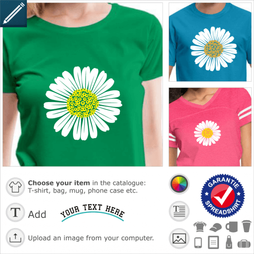 Daisy t-shirt. Custom two-color daisy. The flower is made up of regular petals and a rounded heart, the design is round.