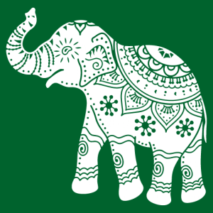 Indian elephant decorated, with a raised trunk, seen from the side, solid design in a customizable color.