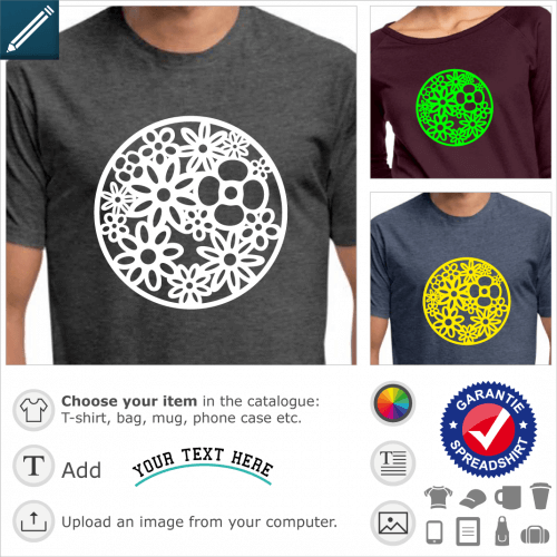 Flowers t-shirt. Drawn flowers set in a circle, a floral design one color.
