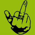 Middle finger, stylized female hand with rings on index and middle finger.