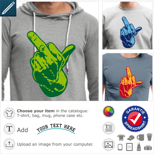 Middle finger t-shirt. middle finger to print, fuck design and insults, with stretched finger.