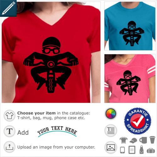 Funny biker, small simple character on a motorcycle, drawn from the front, to be printed on t-shirt.