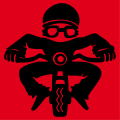 Funny biker drawn from the front, with vintage helmet and small square glasses.