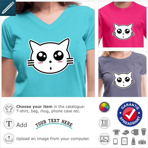 Funny kitty head t-shirt. Anime cat, stylized kitty with a surprising oval mouth.
