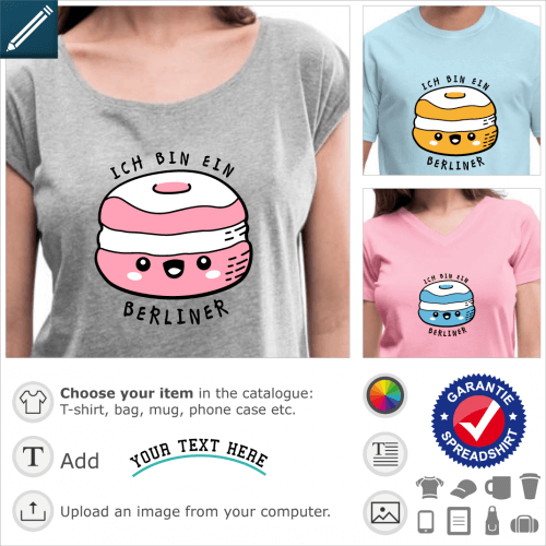 Funny quotes t-shirt, humor design with a quote from Kennedy Ich bin ein Berliner, and a kawaii doughnut