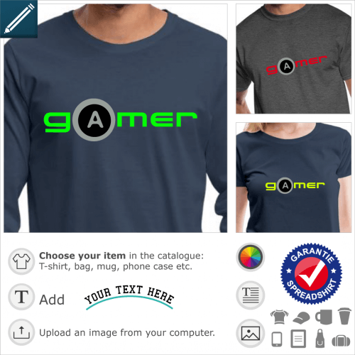 Gamer t-shirt. Gamer written in video game typeface with a joystick button.