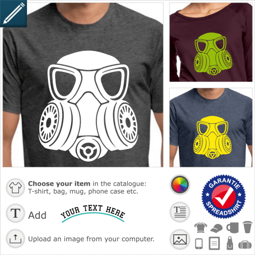 Gas mask t-shirt. Solid gas mask with stylized shapes, double round filter on the sides and large glasses.