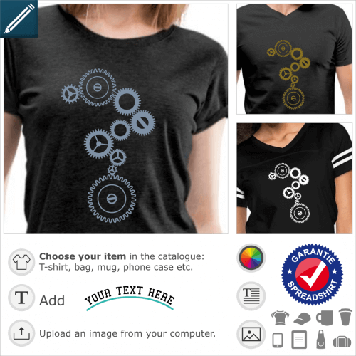 Gear composed of small solid gears and outline gears, to be printed on t-shirt with metallic effect.