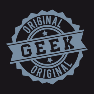 Original Geek T-shirt, vintage design in the shape of a crenellated stamp.