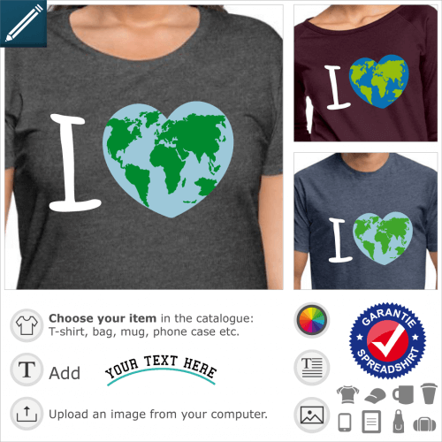 Earth t-shirt. I love Earth, I love the earth, a curved world map drawn on a big heart that depicts the Earth.