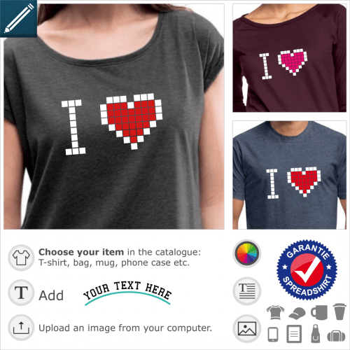I love geek t-shirt. I love geek, heart drawn in pixels, a 2-color design to print online on t-shirt, mug, bag, etc..