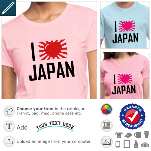 I love Japan t-shirt. Design I love Japan two colors personalized, with a heart decorated with rays, and a straight and fine minimalist typography.