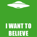 Flying saucer and slogan I want to believe from the X files poster.