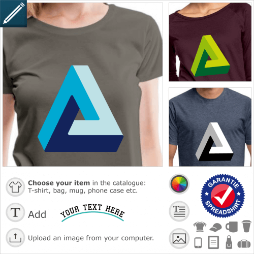 T-shirt Penrose triangle. Optical illusion in the shape of a triangle with a 3d effect produced by the contrasting colors.