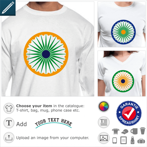 Indian flag chakra t-shirt. Ashoka Chakra in the colors of India, green saffron and navy blue flag.