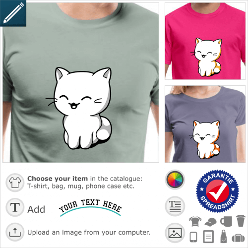 Kawaii kitten seated, drawn in 3 colors. The cat has a laughing face. Customizable color and size. Customize a kawaii t-shirt online.