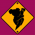 Koala on its branch, plain pictogram pasted on a yellow diamond-shaped road sign.