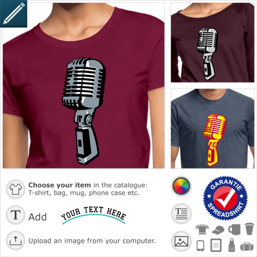 Microphone t-shirt. Stylized oblong crooner microphone, three-quarter-sided design, with reflection and horizontal struts. Vintage design customizable