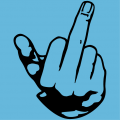 Middle finger, stylized woman's hand with the middle finger stretched out and thumb spread.