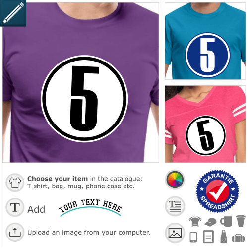 T-shirt number 5. Print your number 5 personalized t-shirt online.