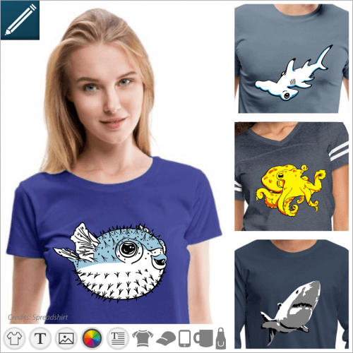 Ocean t-shirt, sharks, sea animals, to personalize and print online.