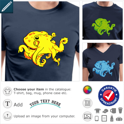 Octopus t-shirt to customize. 3-colour octopus with coiled tentacles, to be printed online.