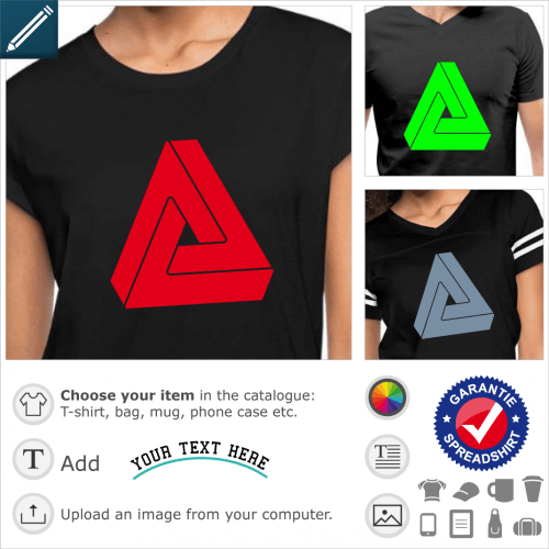 T-shirt Optical illusion, Penrose triangle in one solid black color and cut-outs.