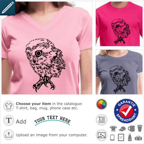 Owl t-shirt. Baby owl drawn in Indian ink style and fine lines, transparent high resolution png image for printing on t-shirt, bag, accessory...